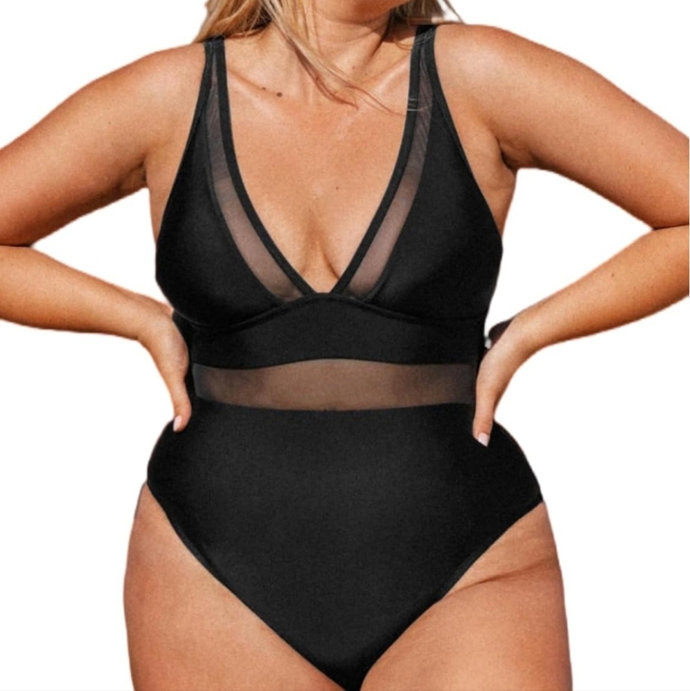 Low Cut Black One Piece Bathing Suit With Mesh - Picture 1 of 8